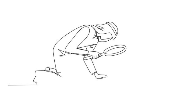 Animation of one line drawing of continuous one line drawing Arabian businessman holding magnifying glass look at clipboard. make sure by checking work that may have been missed. Full length motion