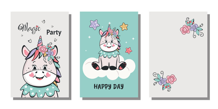 A set of birthday greeting cards, a poster, a party invitation, a template, greeting cards. A cute unicorn. Vector design.
