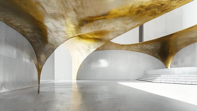 Abstract concrete interior with golden columns and sunlight.