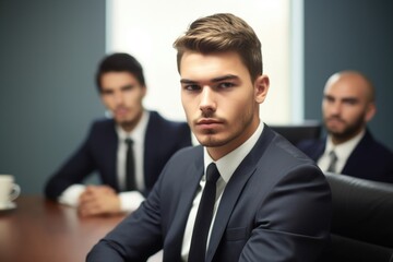 portrait of a handsome young businessman sitting in the boardroom with colleagues during a meeting