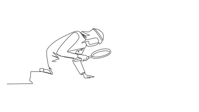 Animated self drawing of continuous one line drawing Arabian businessman holds magnifying glass look at stars. The high star is the ultimate goal of business level. Full length single line animation