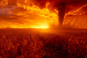 Dramatic tornado at sunset over a field, with vibrant orange sky and dark storm clouds.