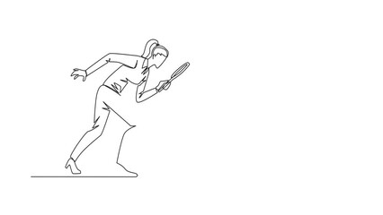 Self drawing animation of continuous one line drawing of businesswoman holding magnifying glass look at safe deposit box.  for the best place of protection to save important data. Full length animated - Powered by Adobe