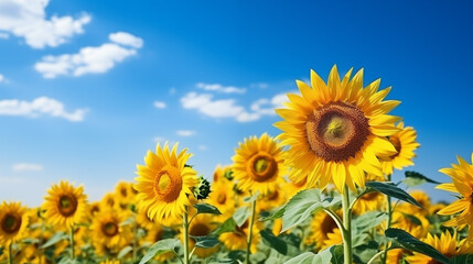 Fototapeta premium Sunflower field with cloudy blue sky