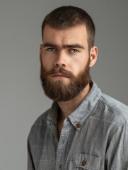 Intense man with a serious expression and a full beard in a grey shirt embodies focus