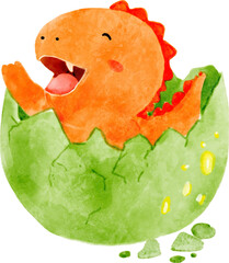 Baby dinosaur hatched from egg . Watercolor cartoon character .