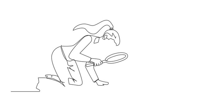 Self drawing animation of single one line drawing of businesswoman holding magnifying glass looking at piggy bank. stagnant business requires additional capital from a piggy bank. Full length animated