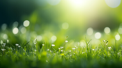 Obraz premium A fresh spring sunny garden background of green grass and blurred foliage bokeh.