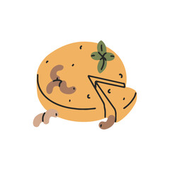 Vegetarian cheese wheel of soybeans. Organic tofu food, eating from soya beans. Dairy product, natural source of protein. Vegan cuisine, veggie nutrition. Flat isolated vector illustration on white