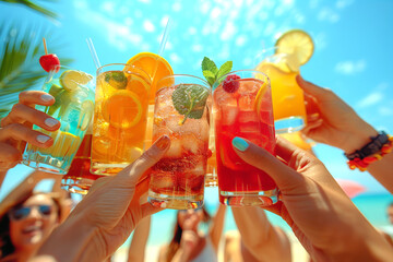 A joyful toast among friends with a selection of drinks including beer and cocktails