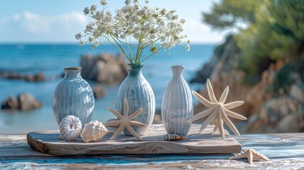 Beach Background With Accessories On Wooden Table with copy space. - obrazy, fototapety, plakaty