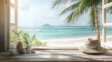 Beach Background With Accessories On Wooden Table with copy space. - obrazy, fototapety, plakaty