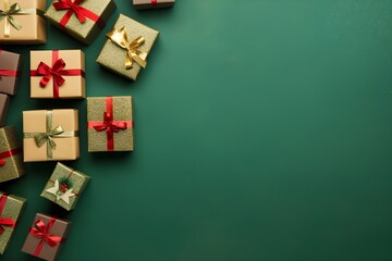 Holiday gift boxes on paolo veronese green color background. above view
