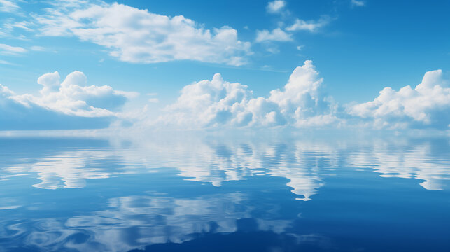 Fototapeta Blue sky over calm sea. Blue sea and sunny sky on horizon over calm water