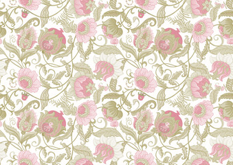 Fantasy flowers in retro, vintage, jacobean embroidery style. Seamless pattern, background. Vector illustration.