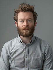 Obraz premium A composed portrait of a man sporting a curly beard, neat haircut, and a buttoned grey shirt in a studio setting