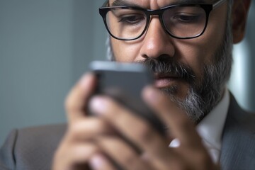 closeup shot of an unrecognisable man using a cellphone and glasses in an office