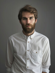 Obraz premium A poised young man with a well-groomed beard in a crisp white shirt against a soft grey studio background