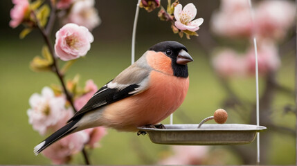Cute bullfinch bird in the blooming orchard on the spring sunny day - 763830595