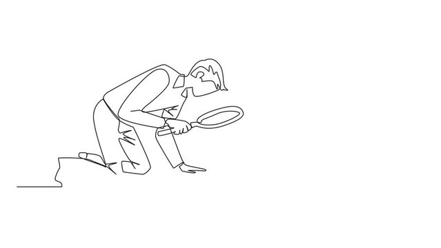 Animation of one line drawing of continuous one line drawing businessman holding magnifying glass looking at desk calendar. He made plans to vacation at the end of the year. Full length motion