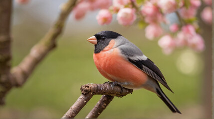 Cute bullfinch bird in the blooming orchard on the spring sunny day - 763830780