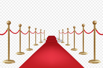 Red carpet on stairs with red ropes on golden stanchions and golden barriers. Barrier Rope Luxury Vip Concept. Vector illustration EPS10