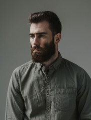 Obraz premium Studio capture of a pensive looking man with a styled beard, green shirt, and evocative lighting