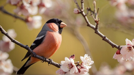 Cute bullfinch bird in the blooming orchard on the spring sunny day - 763830985
