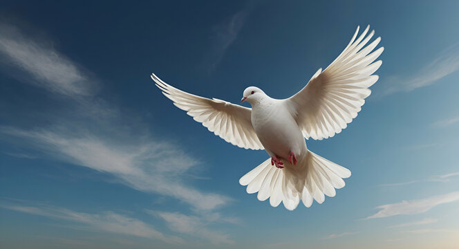 Bird in clouds. Flying white pigeons in blue sky peaceful religion concept with realistic birds vector background generative ai  