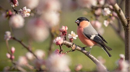 Cute bullfinch bird in the blooming orchard on the spring sunny day - 763831763