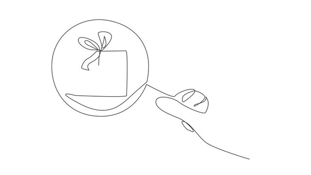 Animation of one line drawing of continuous one line drawing big hand holding magnifying glass highlights gift box. Observe a gift that will be given to a business associate. Full length motion
