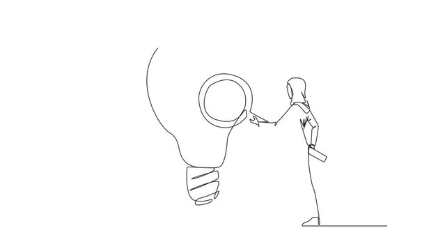 Animated self drawing of single one line drawing Arabian businesswoman stood holding magnifier, inspected big lightbulb, looking for new and fresh ideas, innovation. Full length single line animation