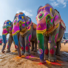 Painting colorful of elephant or  Animal Cheerful Elephant  - obrazy, fototapety, plakaty