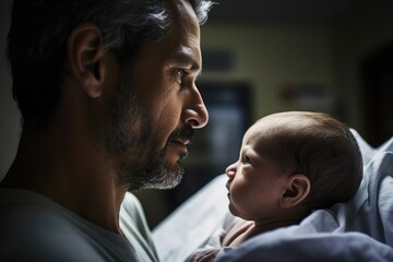 a young father looking at his newborn baby boy - obrazy, fototapety, plakaty