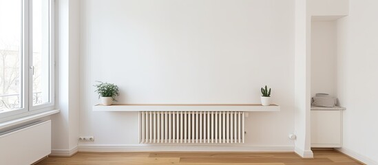 An indoor plant is placed on a shelf inside a room where a radiator is visible