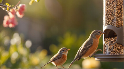 Cute little bird eating from bird feeder hanging in the garden - 763832163