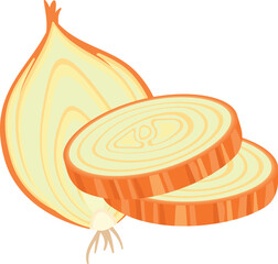 Onion half and rings icon. Cartoon bulb slice