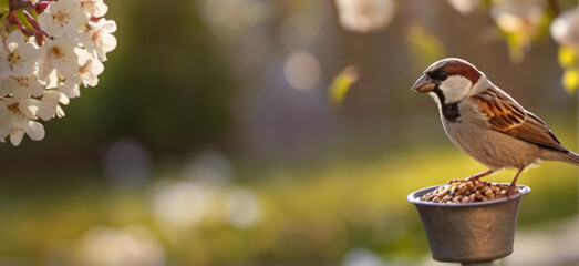 Cute little bird eating from bird feeder hanging in the garden - 763832354