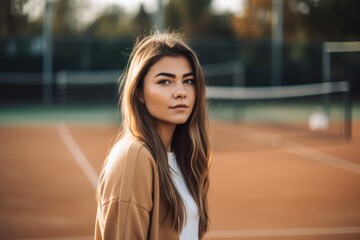 shot of an attractive young woman standing in a tennis court - obrazy, fototapety, plakaty