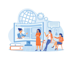 A group of students doing online learning. A lecturer gives an explanation via video on the computer. Business Seminar & Webinar concept. Flat vector illustration.