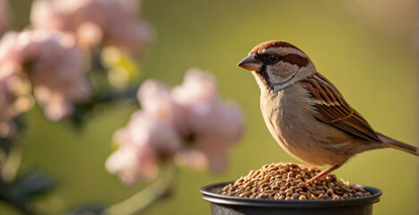Cute little bird eating from bird feeder hanging in the garden - 763832586