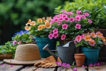 flower pots with pink and yellow flower buds,  watering can and gloves, wooden tabletop