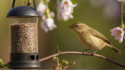 Cute little bird eating from bird feeder hanging in the garden - 763832792