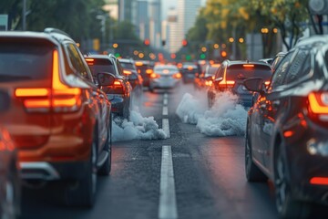Air Pollution comes from dense car traffic in city professional photography