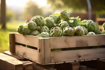Kussenhoes artichokes fresh in wooden crate, blurred plantation background © -=RRZMRR=-