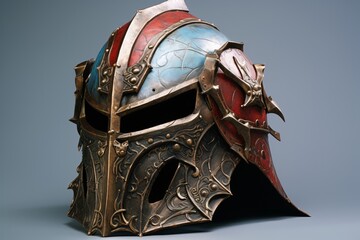 a metal helmet with red and blue accents