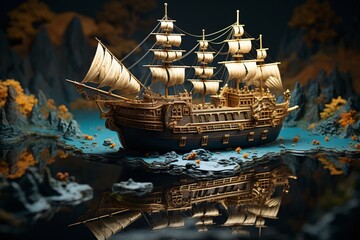 a model of a ship on water with Vasa in the background - obrazy, fototapety, plakaty