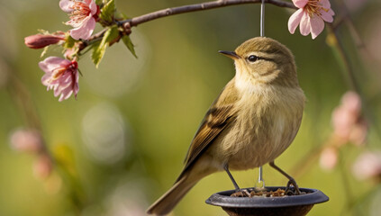 Cute little bird eating from bird feeder hanging in the garden - 763833317