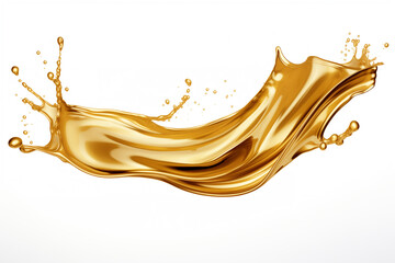 splashes of gold shiny liquid, flying, soaring isolated on white background
