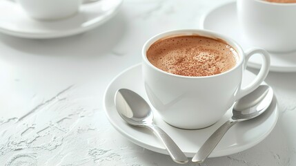 hot drink milk tea , milo , kopi coffee with milk in white cup and tea spoon and small plate in white background beverage halal drink food vegan menu for cafe,Generative ai 